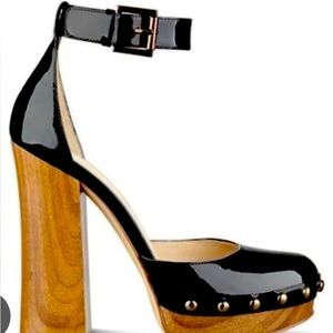 Nine West Cuzin Retro Black Patent Leather Platform Wood Heels 6 1/2